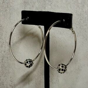 NWT Silver Black Rhinestone Hoop Earrings | Crystal Ball Hoops Statement Jewelry